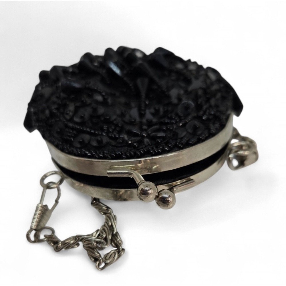JESSICA McCLINTOCK Mini Beaded Bag COIN PURSE Evening DANGLE BEAD Kisslock CHAIN - Picture 4 of 5